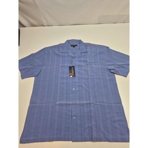 Enzone Island Silk Shirt Mens L Blue Stripe Short Sleeve Button Up Casual Summer